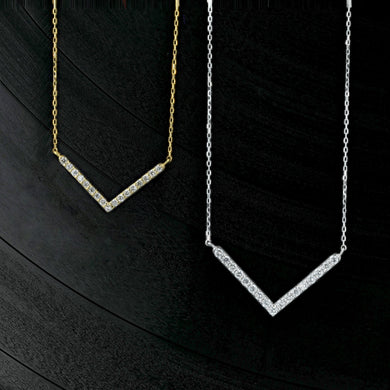 14k Solid Gold Genuine Natural Diamond Chevron V Shape Layering Necklace with Adjustable Drawstring Chain
