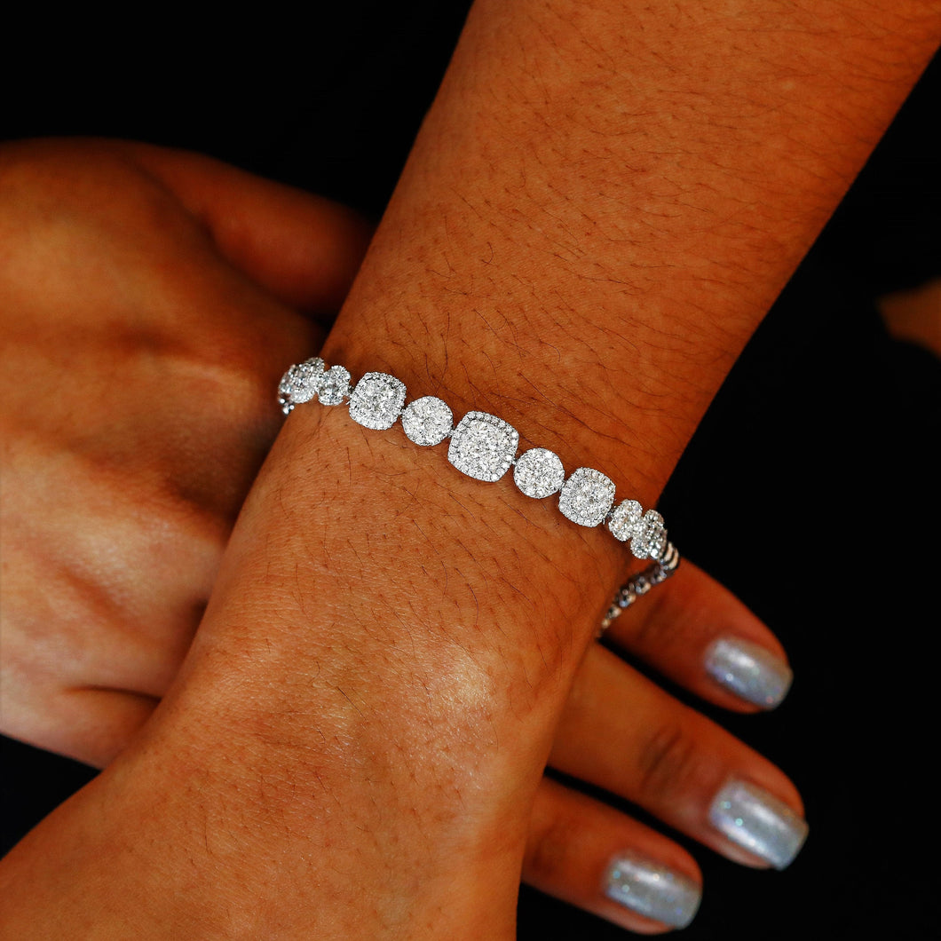 14k Solid Gold Genuine Natural Diamond Round and Square Cluster Statement Bracelet for Women