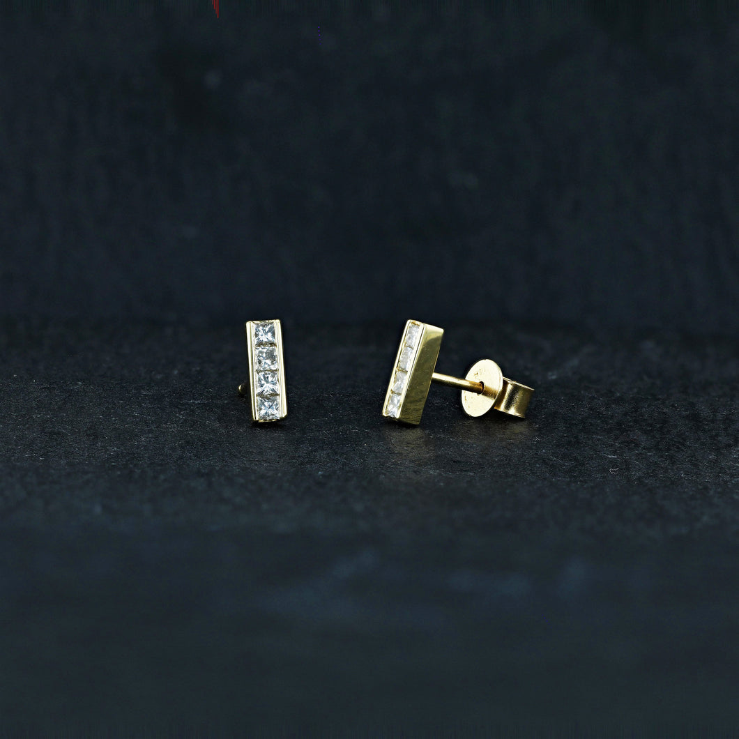 Single (Half Pair) 18K Gold and Genuine Princess Cut Diamond Line Stud Earrings | Princess Diamond Bar Minimalist Ear Climber for Women