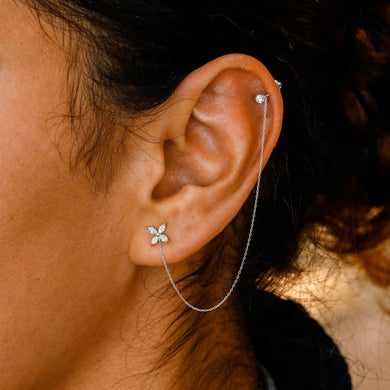 Single (Half Pair) 18k Solid Gold Genuine Natural Diamond Marquise Flower and Stud Chain Earring for Dual Piercing