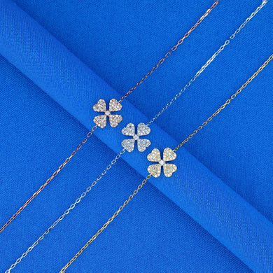 18K Solid Gold Genuine Natural Diamond Pave Clover Flower Chain Stacking Bracelet with Adjustable Drawstring Chain