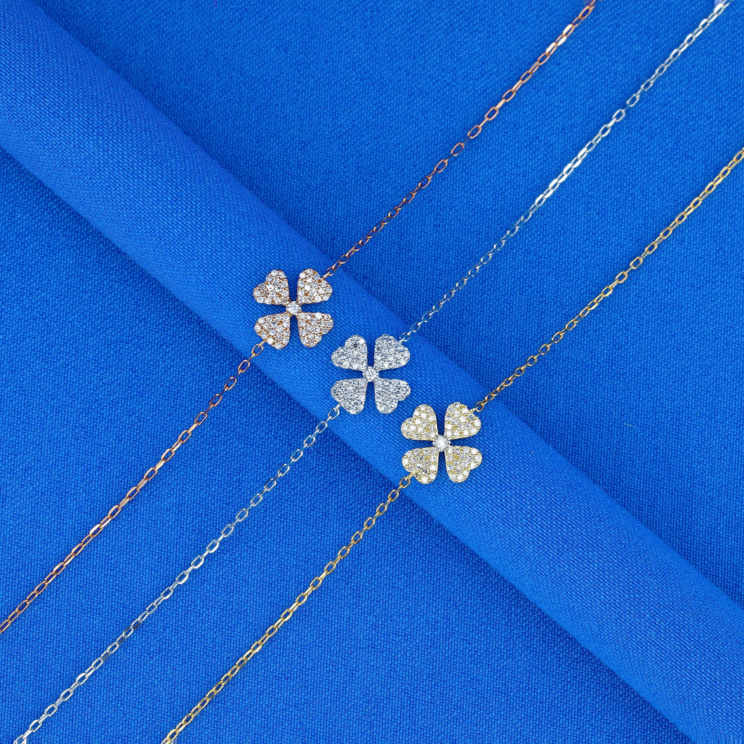 18K Solid Gold Genuine Natural Diamond Pave Clover Flower Chain Stacking Bracelet with Adjustable Drawstring Chain