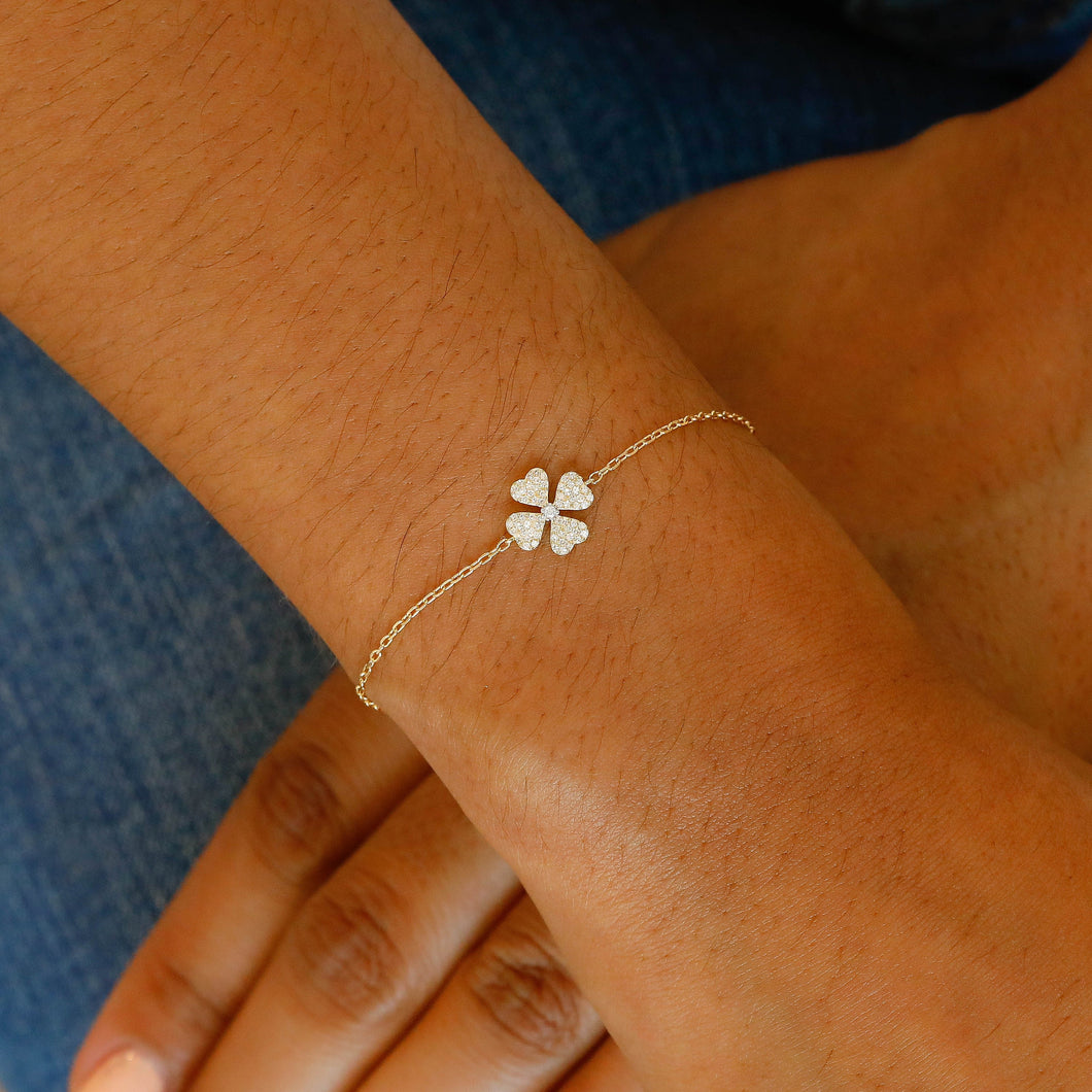 18K Solid Gold Genuine Natural Diamond Pave Clover Flower Chain Stacking Bracelet with Adjustable Drawstring Chain
