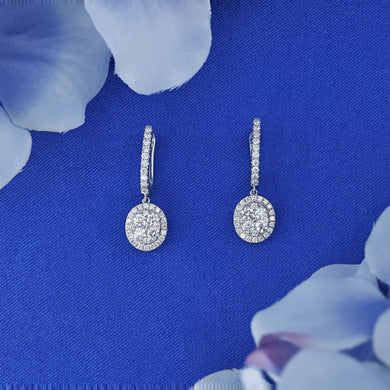 14k Solid Gold Genuine Natural Diamond Oval Cluster Halo Dangle Drop Hoop Earring