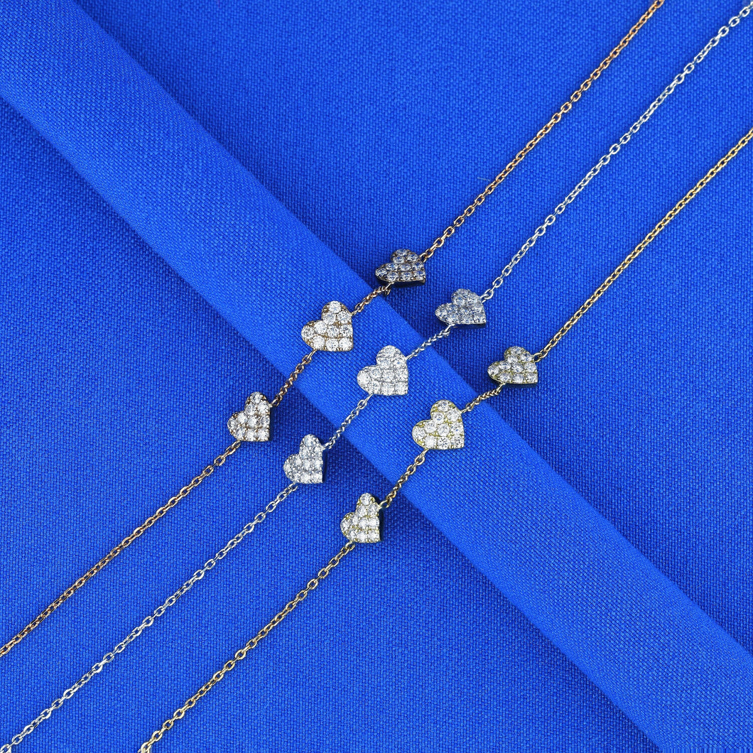 18k Solid Gold Genuine Natural Diamond Pave 3 Heart Station Stacking Bracelet