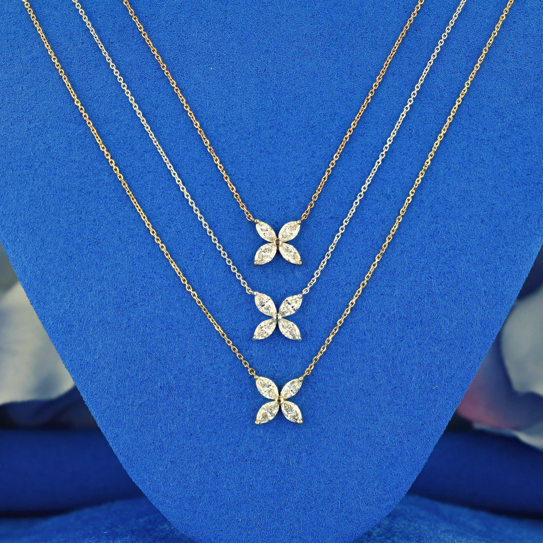 18k Solid Gold Genuine Natural Marquise Diamond Flower Petal Layering Necklace w/ Adjustable Drawstring Chain