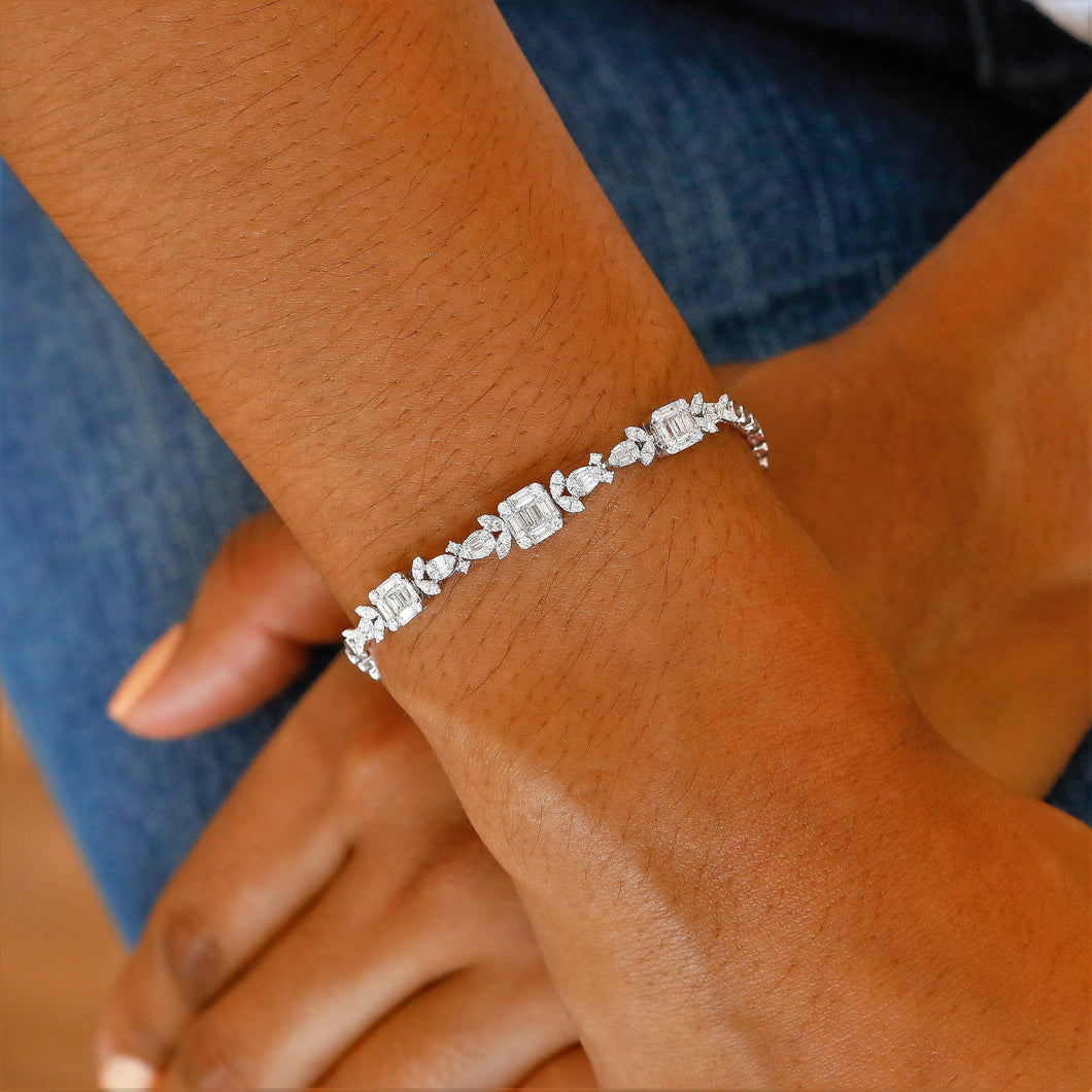 14k Solid White Gold Genuine Natural Diamond Baguette Art Deco Bracelet VS Quality