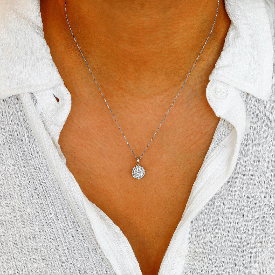 14k Solid Gold Genuine Natural Diamond with Halo Round Cluster Necklace for Women with Adjustable Drawstring Chain