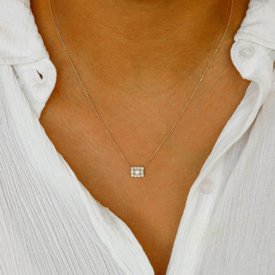 18k Solid Gold Genuine Natural Emerald Cut Diamond with Halo Necklace for Women with Adjustable Drawstring Chain