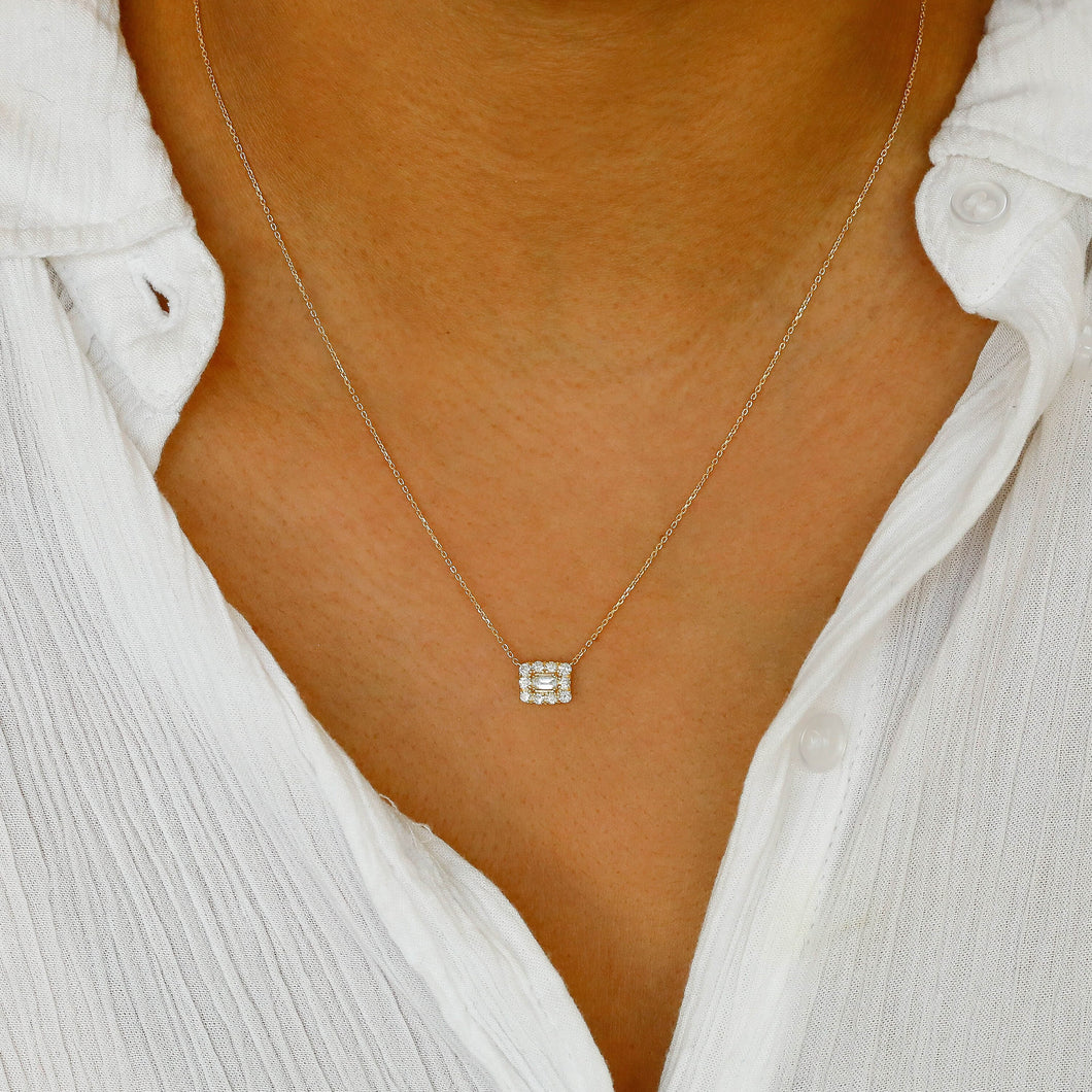 18k Solid Gold Genuine Natural Emerald Cut Diamond with Halo Necklace for Women with Adjustable Drawstring Chain