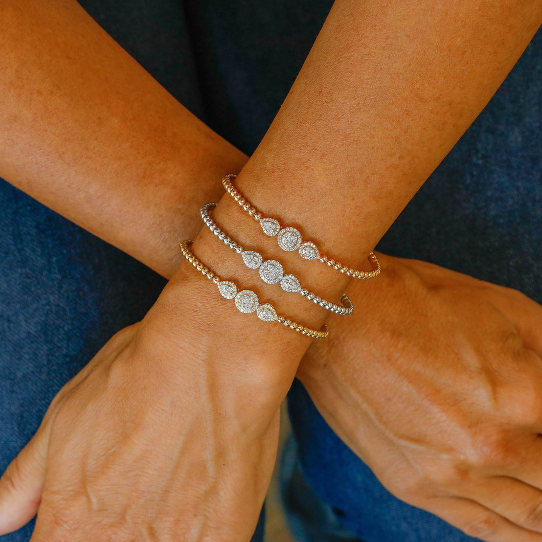 18k Beaded Diamond Cuff Bangle Genuine Diamond Round and Pear Shape Center for Women in White Yellow Rose Gold