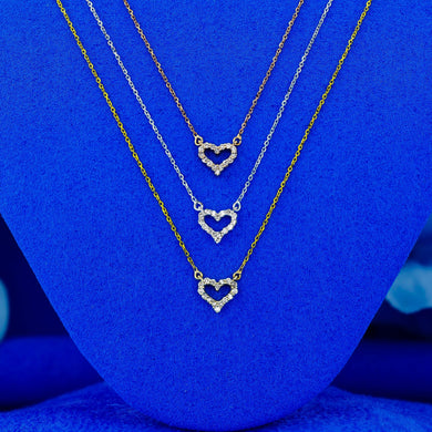 14k Gold Genuine Diamond Open Heart Necklace Pendant with Adjustable Chain in White Yellow or Rose Gold for Women or Girls