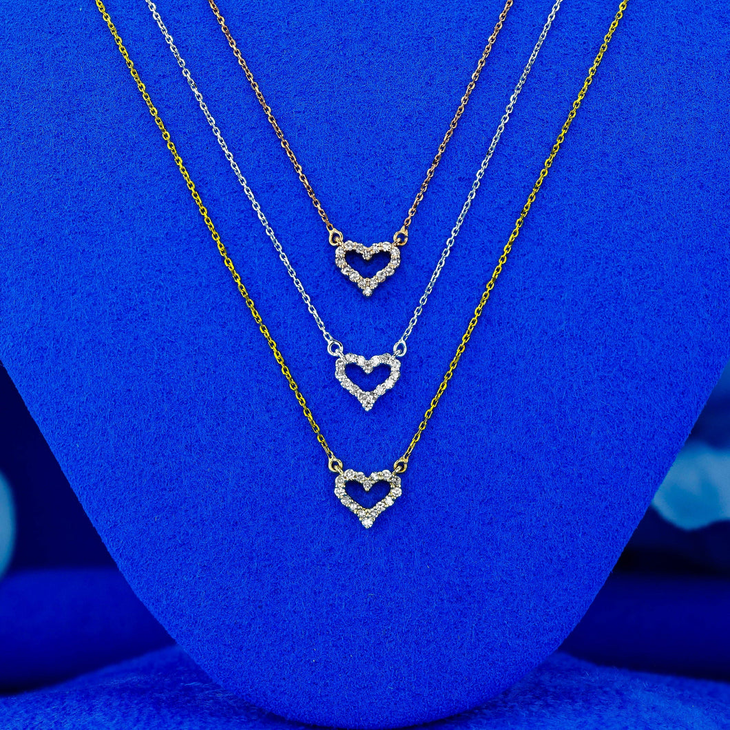14k Gold Genuine Diamond Open Heart Necklace Pendant with Adjustable Chain in White Yellow or Rose Gold for Women or Girls