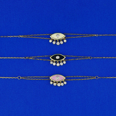 18k Solid Gold Genuine Natural Diamond Evil Eye Enamel Chain Pink Black Yellow Stacking Layering Bracelet for Women Adjustable Length