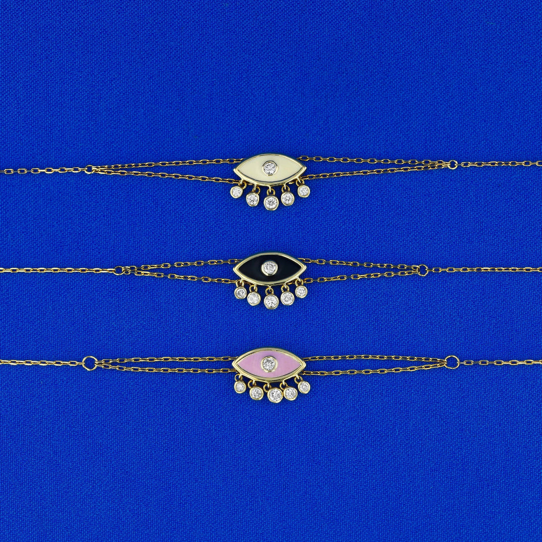 18k Solid Gold Genuine Natural Diamond Evil Eye Enamel Chain Pink Black Yellow Stacking Layering Bracelet for Women Adjustable Length