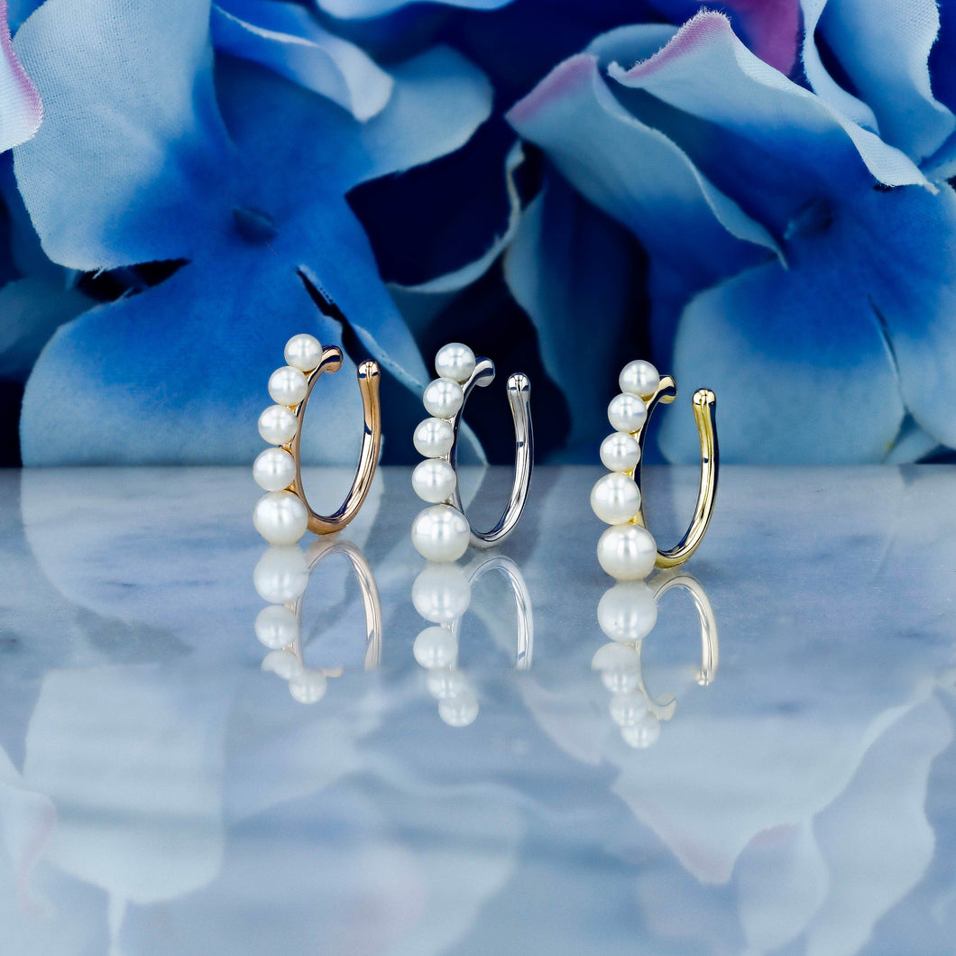 Single (Half Pair) 14k Gold Genuine Pearl Graduated Non-Pierced Ear Cuff in White Yellow or Rose Gold for Women or Girls