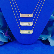 Load image into Gallery viewer, 14k Solid Gold Natural Diamond ID Bar Style Necklace with Diamond Border and Baguette
