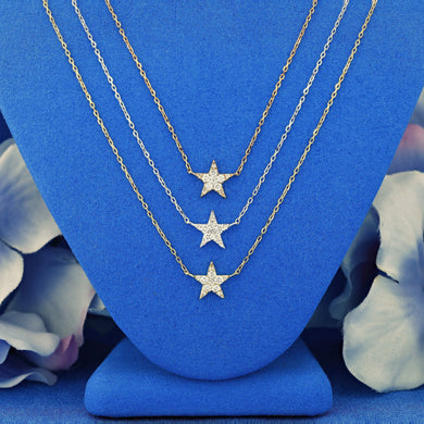 18k Solid Gold Genuine Natural Diamond Star Layering Necklace w/ Adjustable Drawstring Chain