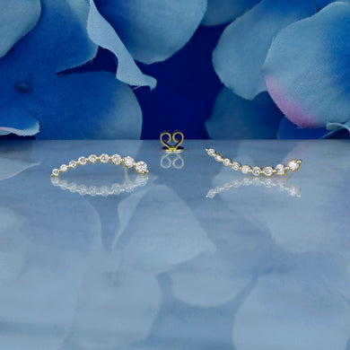 Single (Half Pair) 14k Solid Gold Genuine Diamond Curved Crescent Bar Ear Climber Crawler Earrings High Quality Graduated Size Diamond 3/4