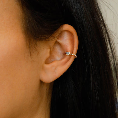 Single (Half Pair) 14k Solid Gold Genuine Natural Baguette Diamond Non-Pierce Beaded Ear Cuff