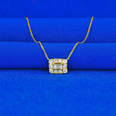 18k Solid Gold Genuine Natural Emerald Cut Diamond with Halo Necklace for Women with Adjustable Drawstring Chain