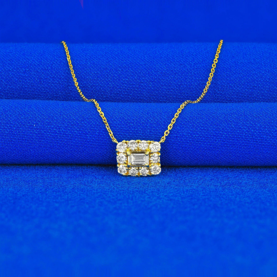 18k Solid Gold Genuine Natural Emerald Cut Diamond with Halo Necklace for Women with Adjustable Drawstring Chain