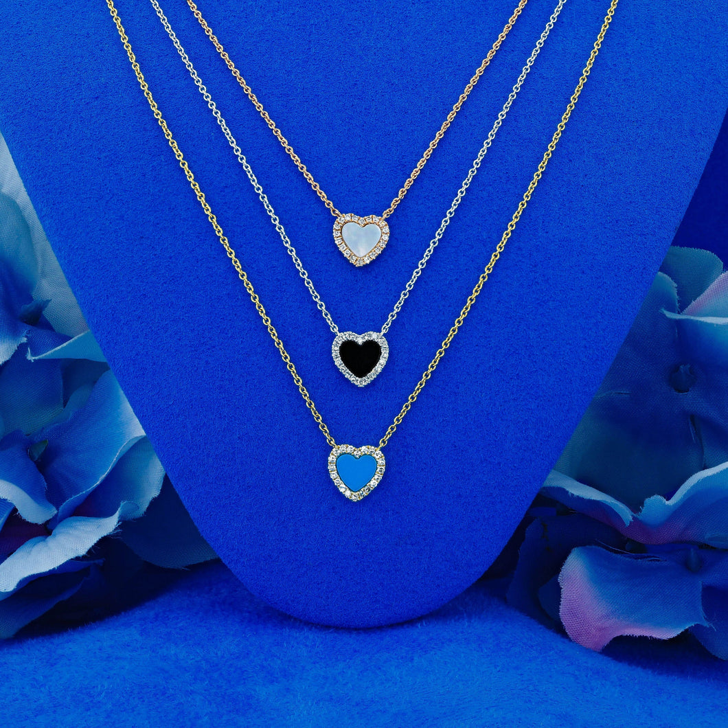 14k Gold Genuine Diamond Heart w/ Turquoise Black Onyx White Agate Stacking Choker Necklace for Women  Girls Adjustable Length Chain
