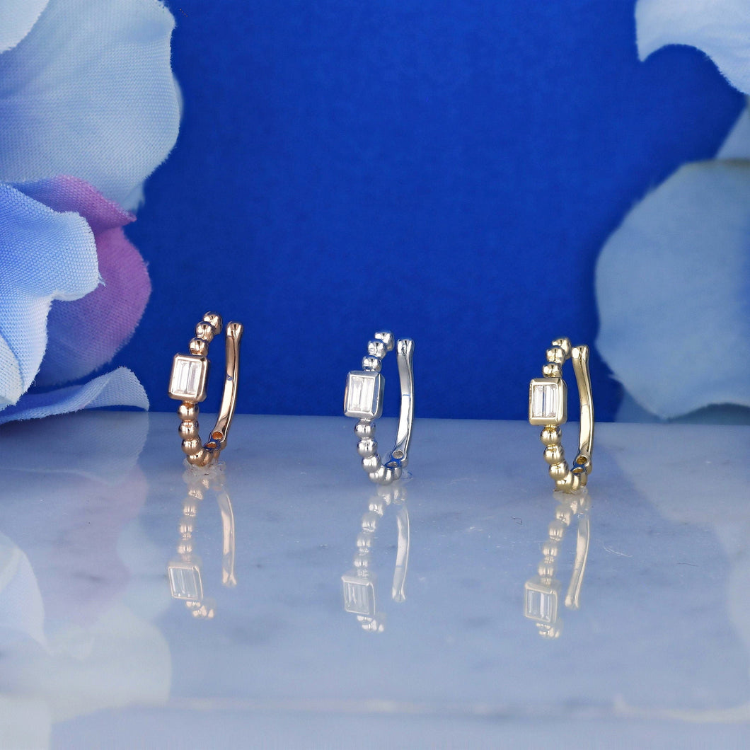 Single (Half Pair) 14k Solid Gold Genuine Natural Baguette Diamond Non-Pierce Beaded Ear Cuff