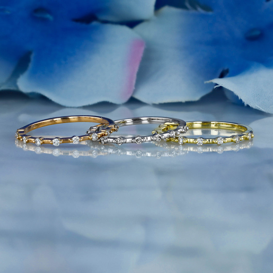 14k Gold Genuine Diamond Thin Distance Promise Stack Ring Band w/ 9 High Quality Diamonds in White Yellow or Rose Gold for Women or Girls