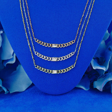 14k Solid Gold Natural Baguette Diamond Cuban Link Necklace
