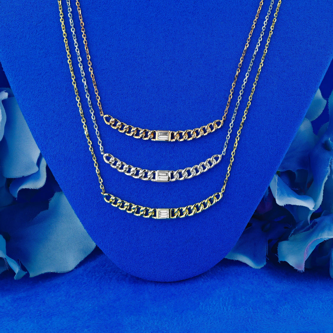 14k Solid Gold Natural Baguette Diamond Cuban Link Necklace