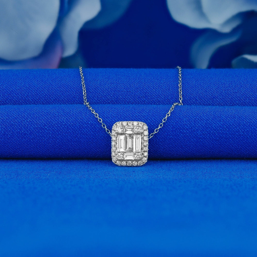 14k Solid White Gold Genuine Natural Diamond Baguette Pendant Necklace with Adjustable Chain for Women