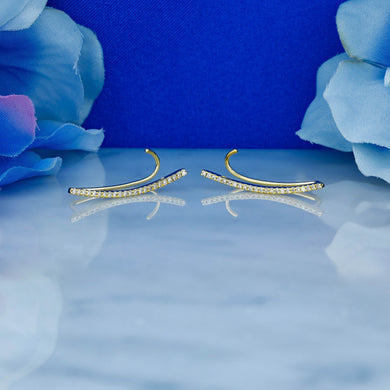 Single (Half Pair) 14k Gold and Genuine Diamond Microset Curved Bar Ear Climber for Women in White, Yellow or Rose Gold 1 Inch Length