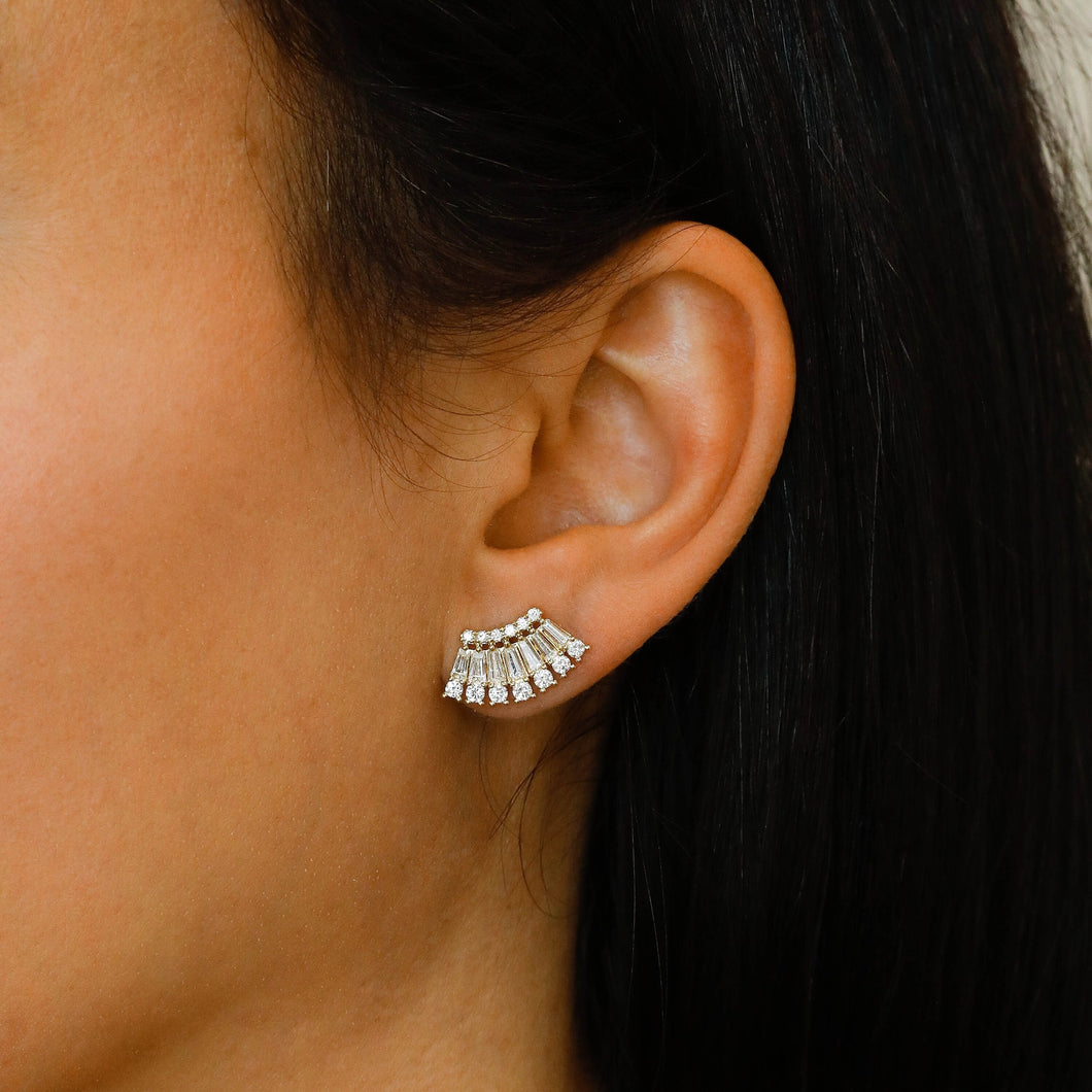 Single (Half Pair) 18k Solid Gold Genuine Natural Baguette and Round Diamond Fan Ear Climber