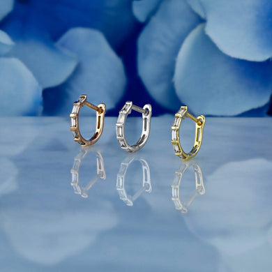 Single (Half Pair) 18k Solid Gold Genuine Natural Baguette Diamond 10.75mm Huggy Hoop Earrings