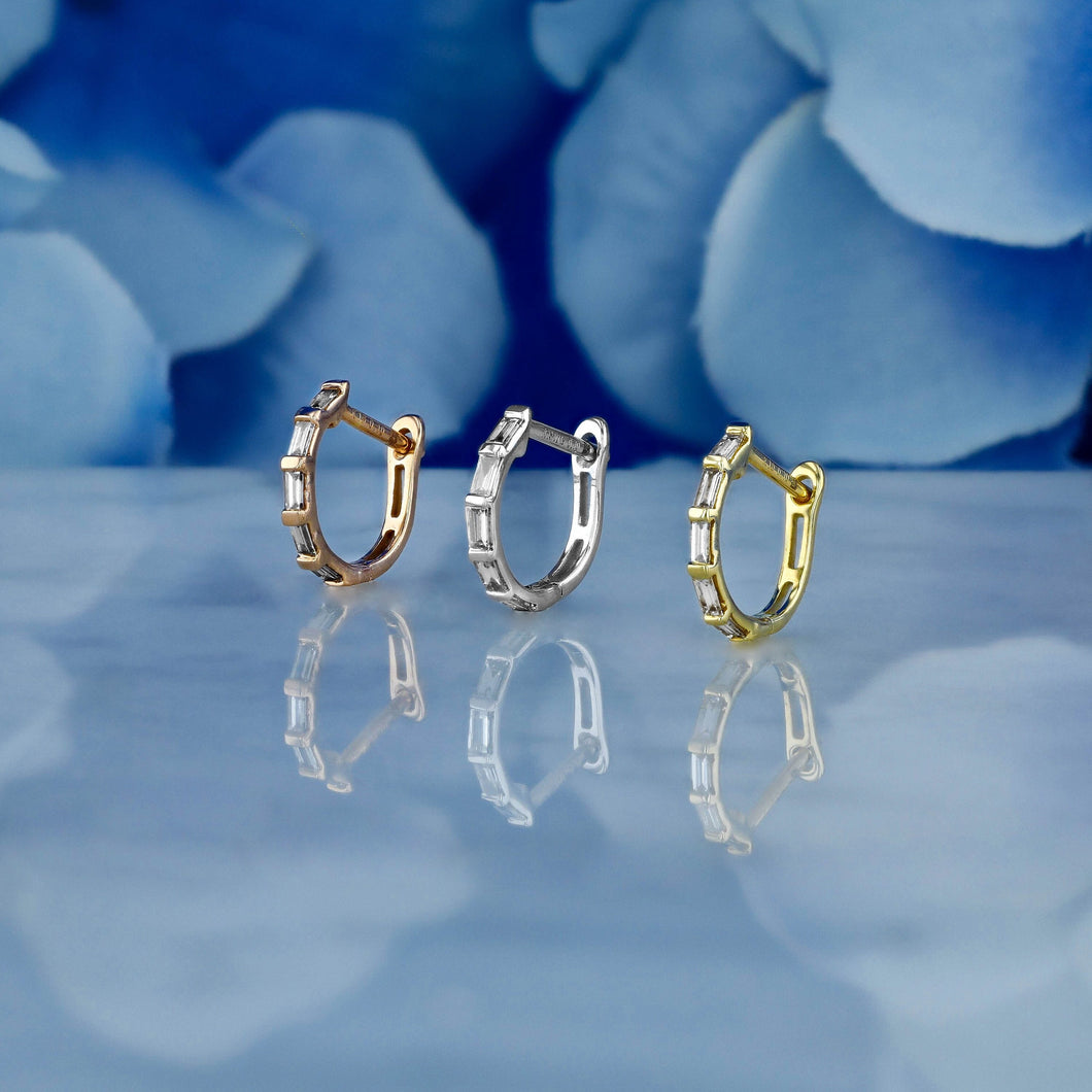 Single (Half Pair) 18k Solid Gold Genuine Natural Baguette Diamond 10.75mm Huggy Hoop Earrings