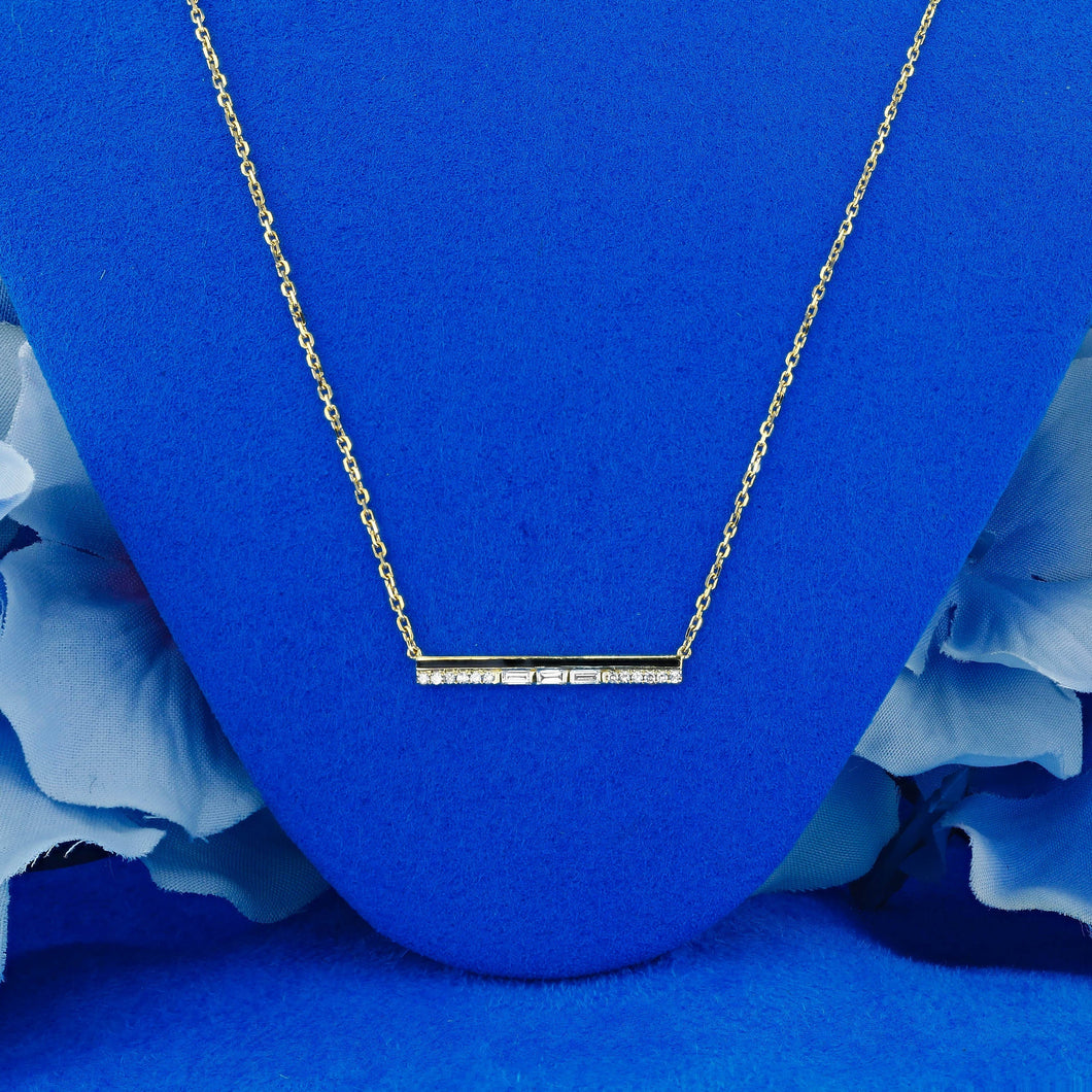 14k Solid Gold Natural Diamond Baguette and Round Bar Necklace with Black Enamel Adjustable Necklace