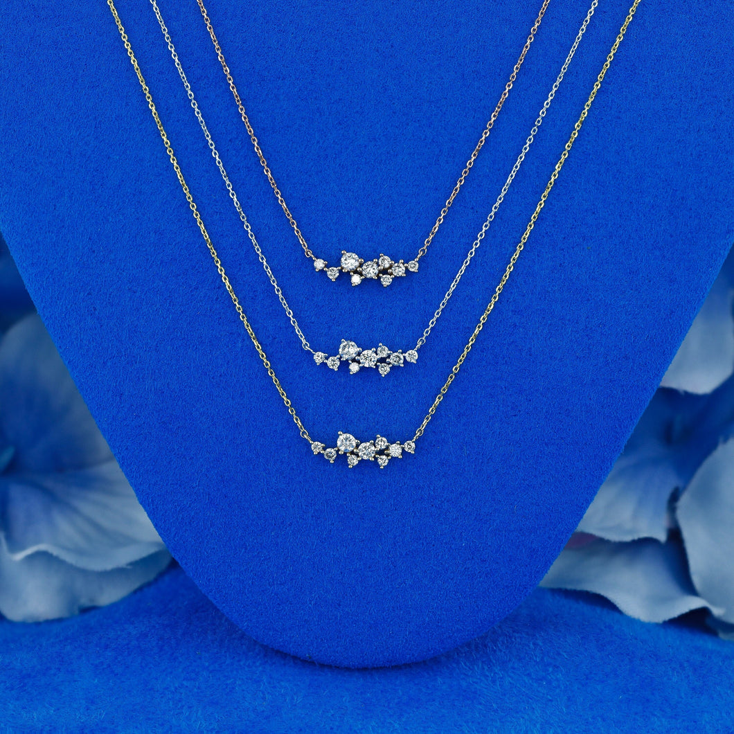 14k Solid Gold Natural Diamond Cluster Spray Small Dainty Necklace with Adjustable Drawstring Chain