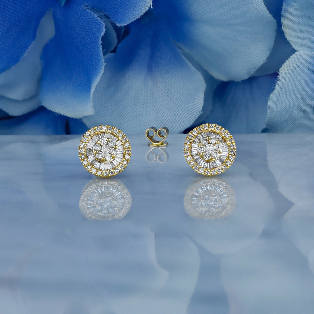 14k or 18k Solid Gold Natural Diamond Baguette and Round  Statement Cluster Earrings