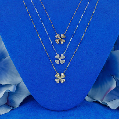 18k Solid Gold Natural Diamond Pave Clover Layering Necklace w/ Adjustable Chain