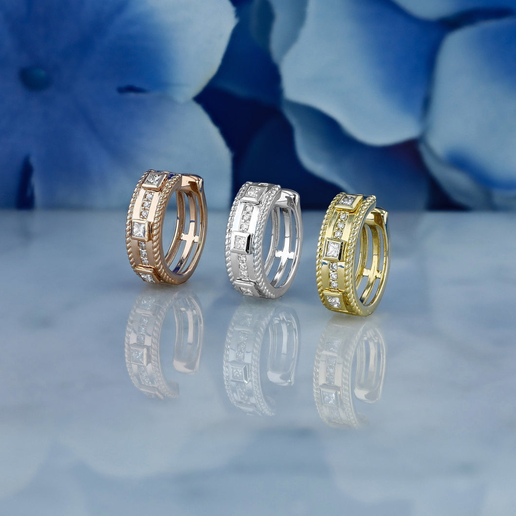 Single (Half Pair) 14k Solid Gold Natural Diamond Princess Round  Non-Pierce Ear Cuff with Rope Border