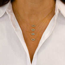 Load image into Gallery viewer, 14k Solid Gold Natural Diamond with Sapphire Ruby Emerald or Turquoise Bezel Set Evil Eye Necklace w/ Adjustable Drawstring Chain
