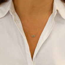 Load image into Gallery viewer, 14k Solid Gold Natural Diamond with Sapphire Ruby Emerald or Turquoise Bezel Set Evil Eye Necklace w/ Adjustable Drawstring Chain
