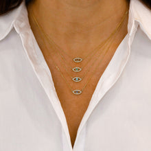 Load image into Gallery viewer, 14k Solid Gold Natural Diamond with Sapphire Ruby Emerald or Turquoise Bezel Set Evil Eye Necklace w/ Adjustable Drawstring Chain
