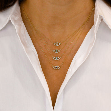 14k Solid Gold Natural Diamond with Sapphire Ruby Emerald or Turquoise Bezel Set Evil Eye Necklace w/ Adjustable Drawstring Chain