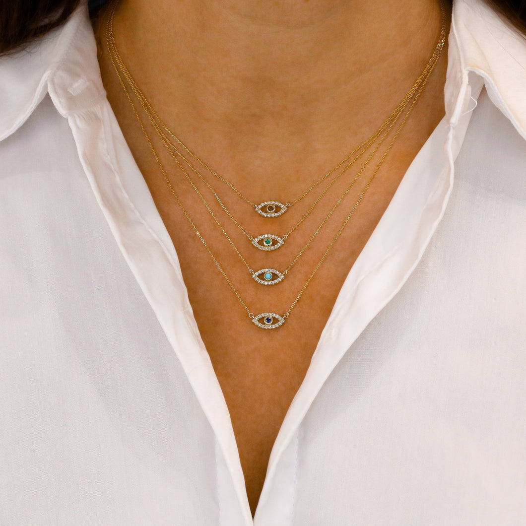 14k Solid Gold Natural Diamond with Sapphire Ruby Emerald or Turquoise Bezel Set Evil Eye Necklace w/ Adjustable Drawstring Chain