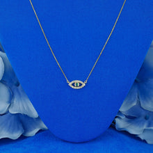 Load image into Gallery viewer, 14k Solid Gold Natural Diamond with Sapphire Ruby Emerald or Turquoise Bezel Set Evil Eye Necklace w/ Adjustable Drawstring Chain
