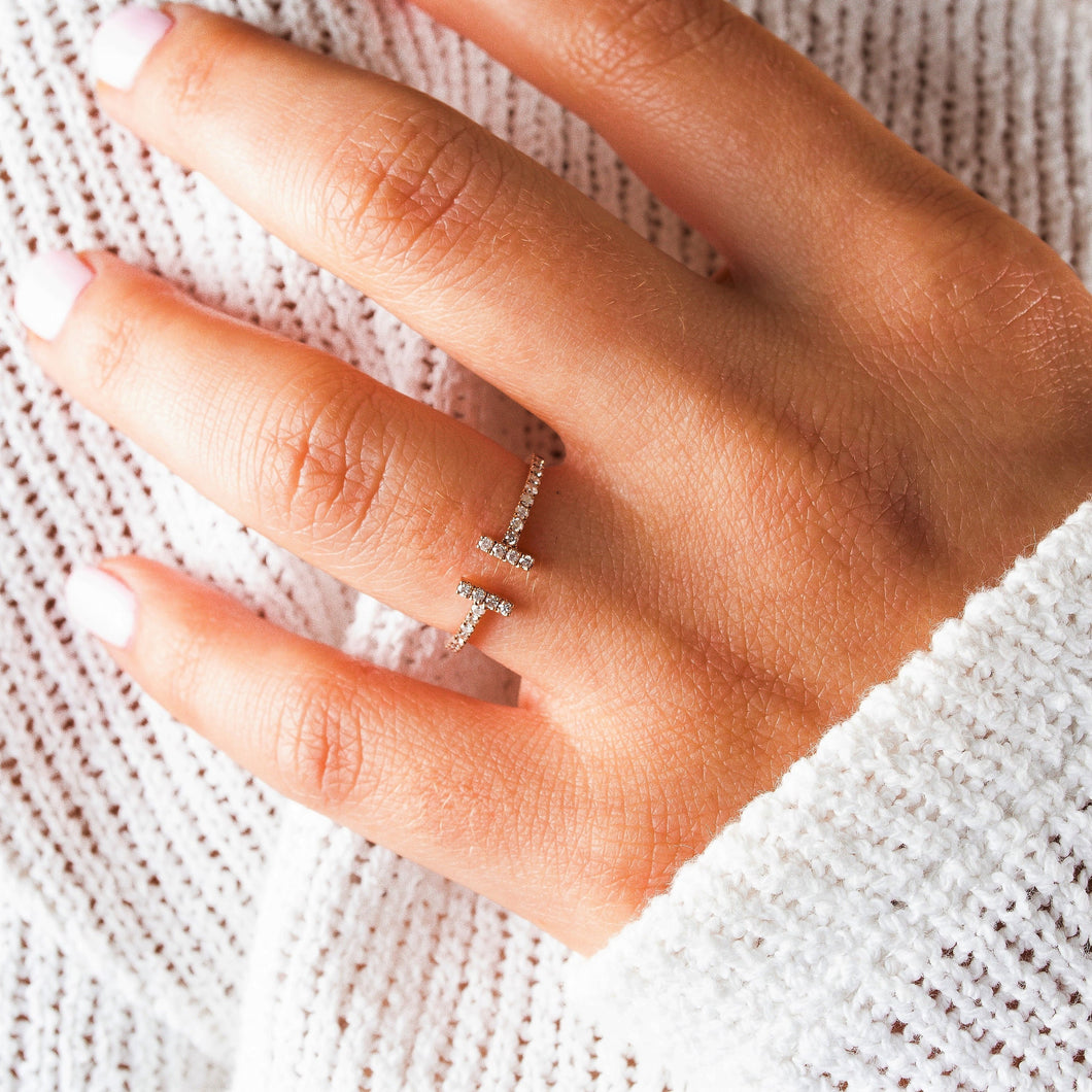 14k Solid Gold Natural Diamond Open Bar Minimalist Ring