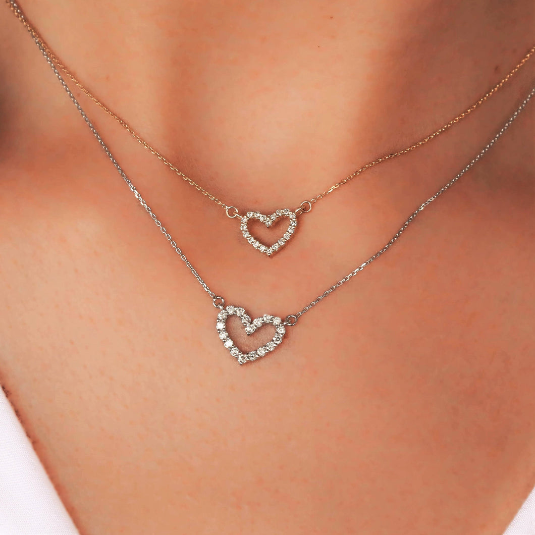 14k Solid Gold Natural Diamond Classic Open Heart Necklace with Adjustable Chain