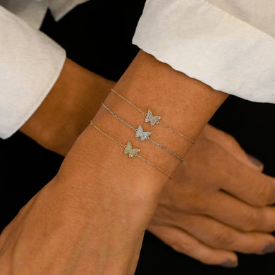 14k Solid Gold Natural Diamond Small Dainty Pavé Butterfly Layering Bracelet w/ Adjustable Drawstring Chain